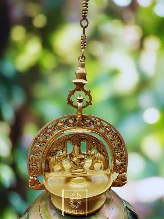Ganesha Hanging Oil Lamp With Peacocks & Elephants - The Golden Heritage #