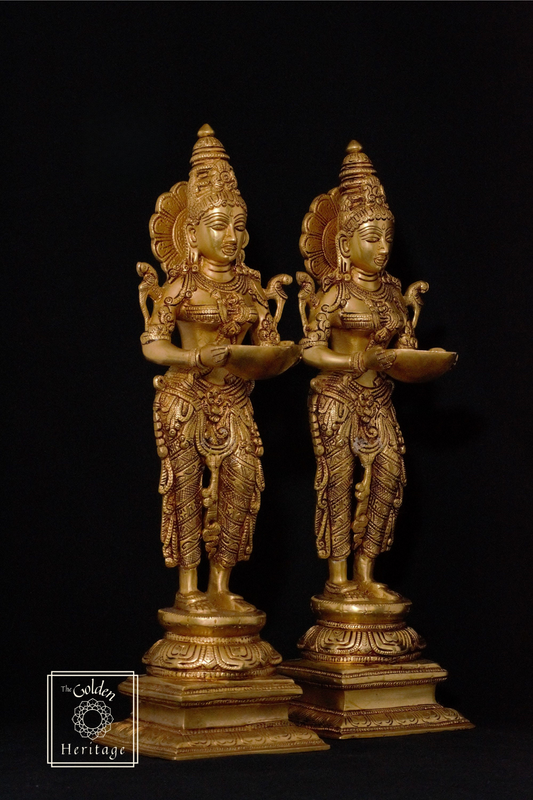 Lakshmi Statue Holding Lamp with 2 Parrots on Shoulders - The Golden Heritage #