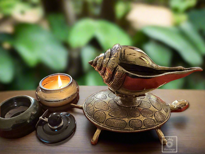 Brass Shankha or Conch with Turtle, War Trumpet - The Golden Heritage #