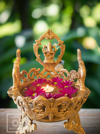 Ganesha & elephants Design Urli, Religious Ceremony Bowl - The Golden Heritage #