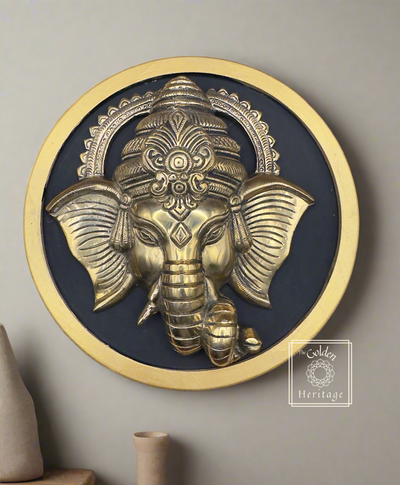 Ganesha head Wall Hanging with wooden round frame - The Golden Heritage #