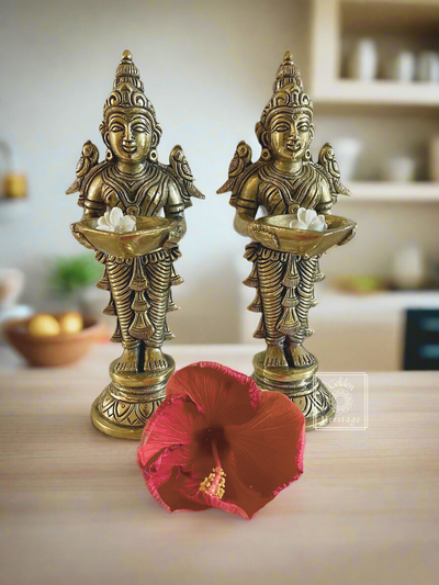 Lakshmi Statue Holding Lamp with 2 Parrots on Shoulders - The Golden Heritage #