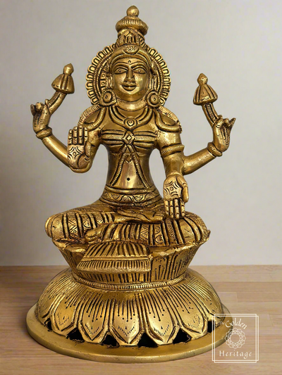 Brass  Pandmasana Lakshmi sitting on a lotus flower 8" - The Golden Heritage #