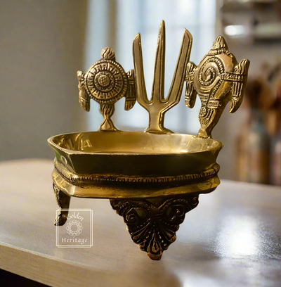 Brass Shankh Chakra Namah Diya, Oil wick lamp - The Golden Heritage #