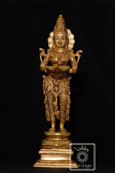 Lakshmi Statue Holding Lamp with 2 Parrots on Shoulders - The Golden Heritage #