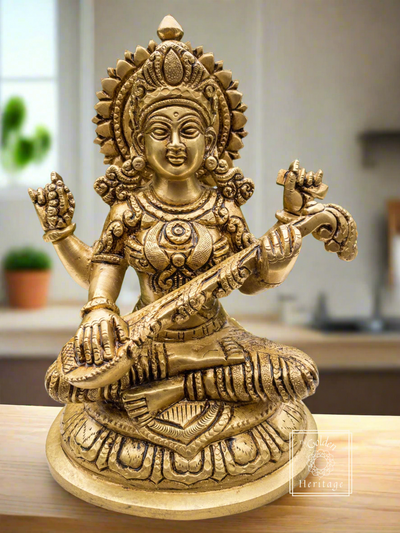 Brass Sarasvati idol with veena 8" - The Golden Heritage #