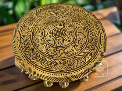 Elephant Pillars Design Pooja Chowki, Round Pedestal - The Golden Heritage #