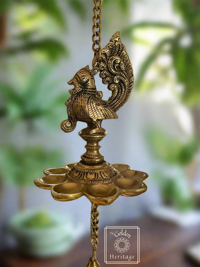 Stunning peacock hanging lamp with bell - The Golden Heritage #