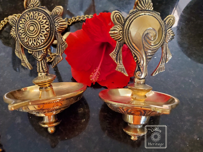 Set of 2 Traditional Handmade hanging Shanka-Chakra Lamp - The Golden Heritage #