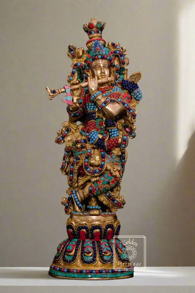 Brass Krishna Statue with Stonework 18” - The Golden Heritage #
