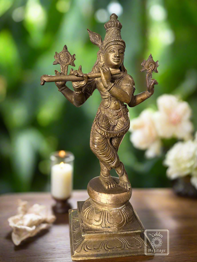Bronze Krishna idol -Lost Wax Method 10" - The Golden Heritage #