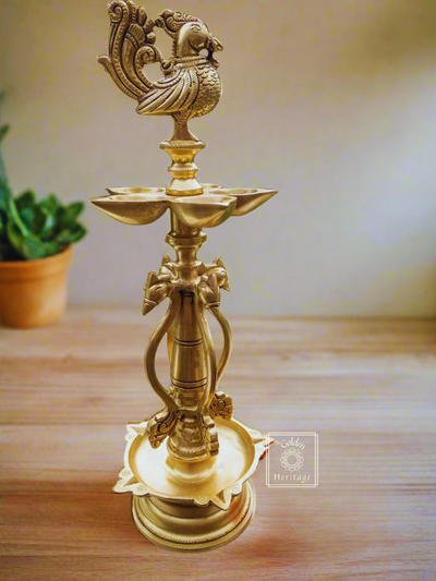 Peacock oil lamp with five Wick lamps - The Golden Heritage #