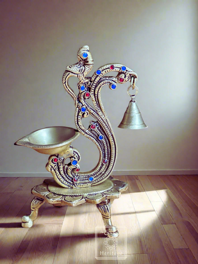 Peacock Diya with bell, Brass Pooja Lamp - The Golden Heritage #