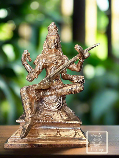 Saraswati Statue - Lost Wax Method Sculpture 5" - The Golden Heritage #