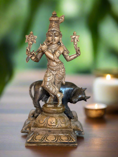 Bronze Lord Krishna with Cow -Lost Wax Method 10" - The Golden Heritage #