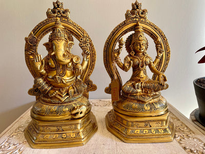 Brass Sukhasana Ganesha-Lakshmi with Prabhavali 12" - The Golden Heritage #