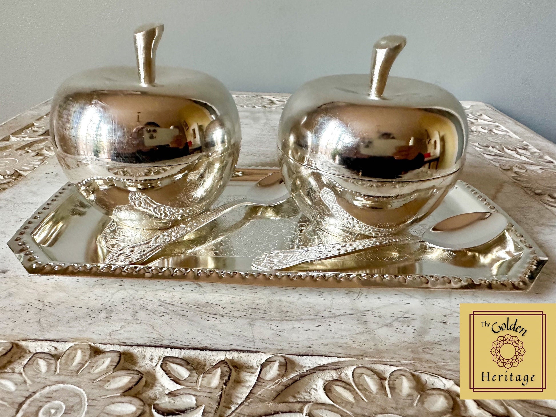 German Sliver Apple bowls set of 2 with tray & spoons - The Golden Heritage #