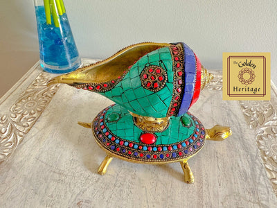 Brass Stonework Shankha or Conch with Turtle - The Golden Heritage #