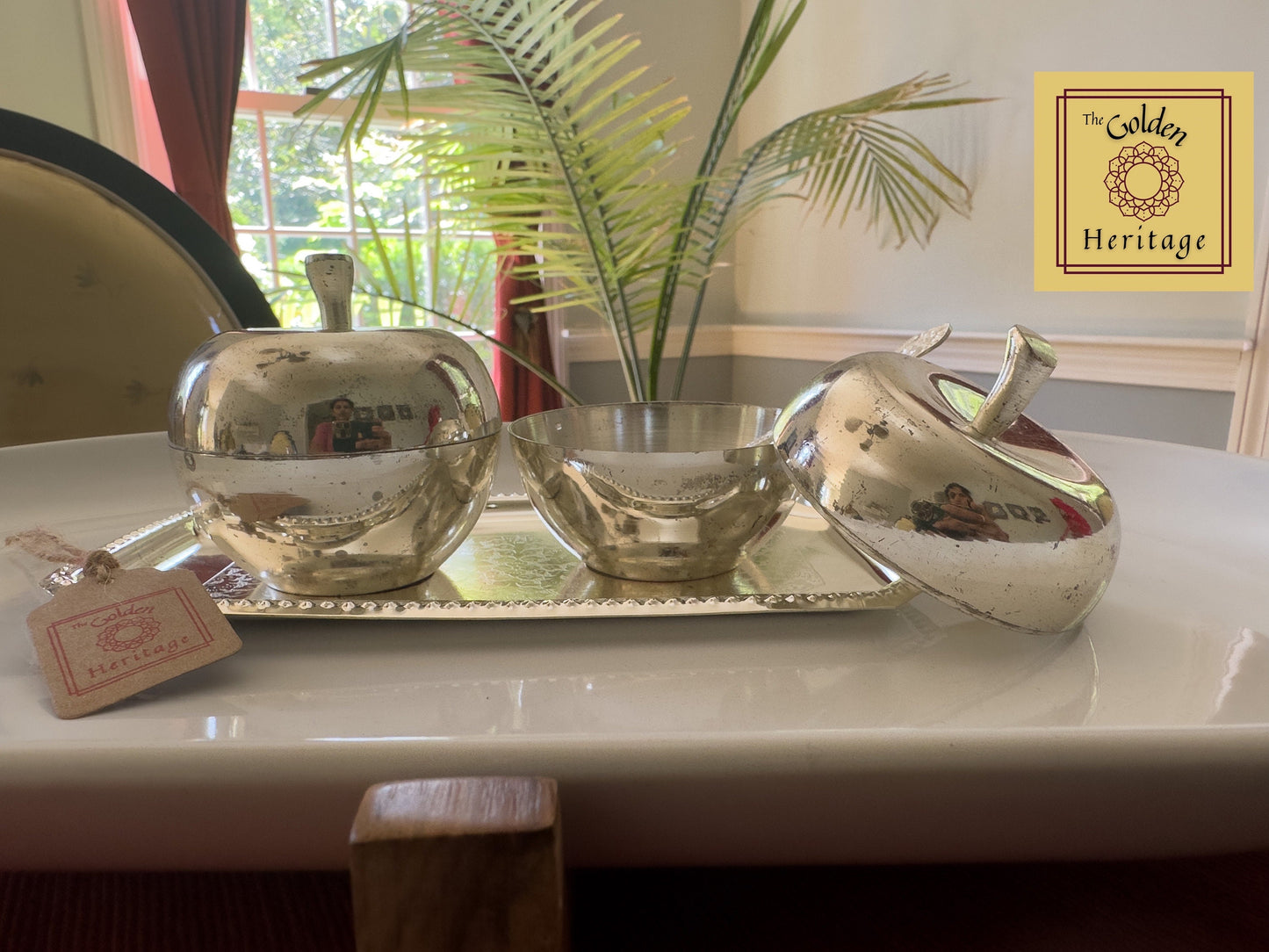 German Sliver Apple bowls set of 2 with tray & spoons - The Golden Heritage #