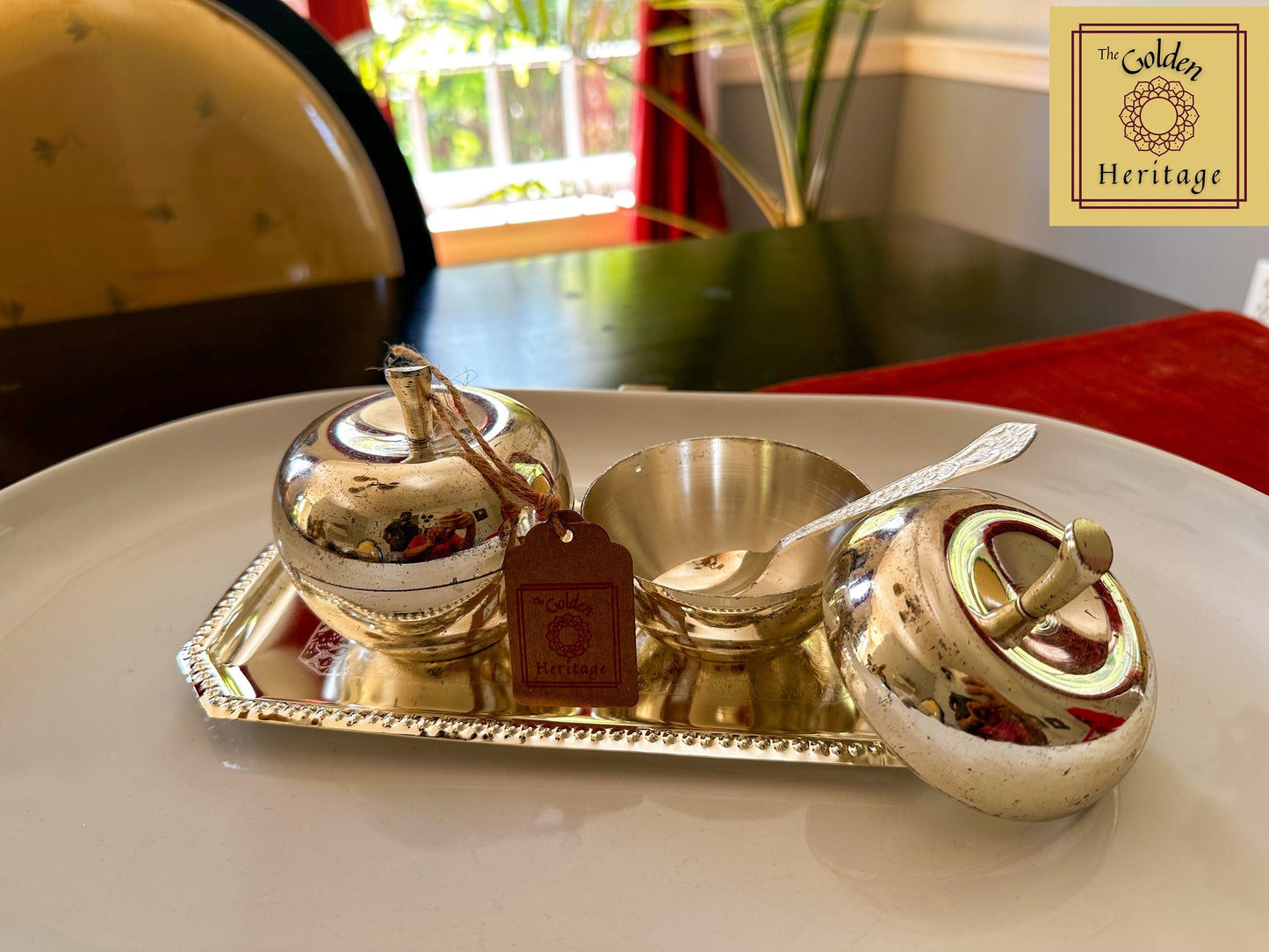 German Sliver Apple bowls set of 2 with tray & spoons - The Golden Heritage #