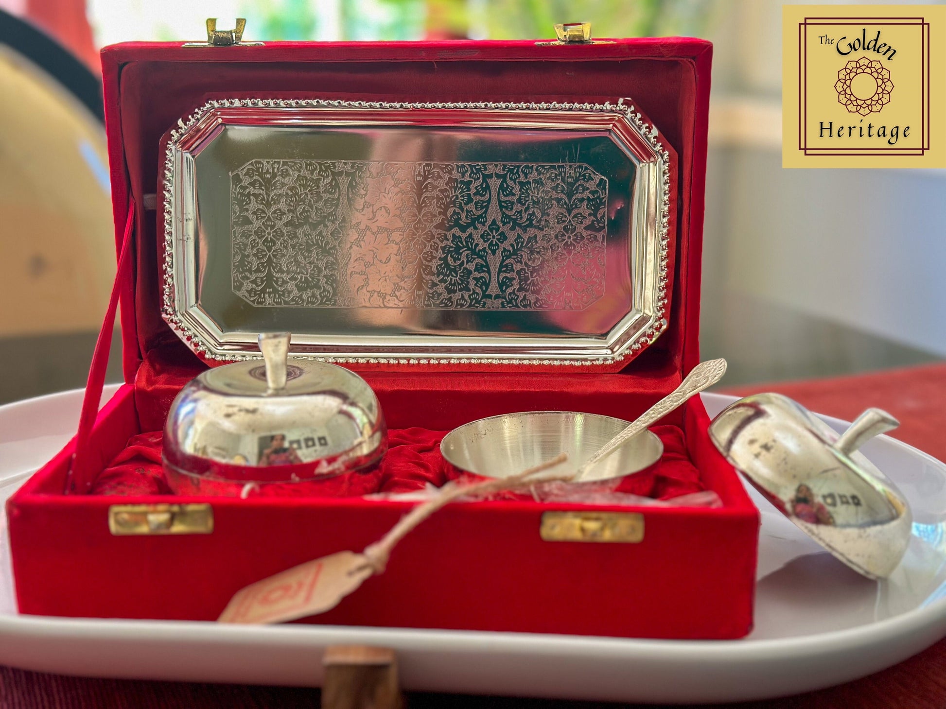 German Sliver Apple bowls set of 2 with tray & spoons - The Golden Heritage #