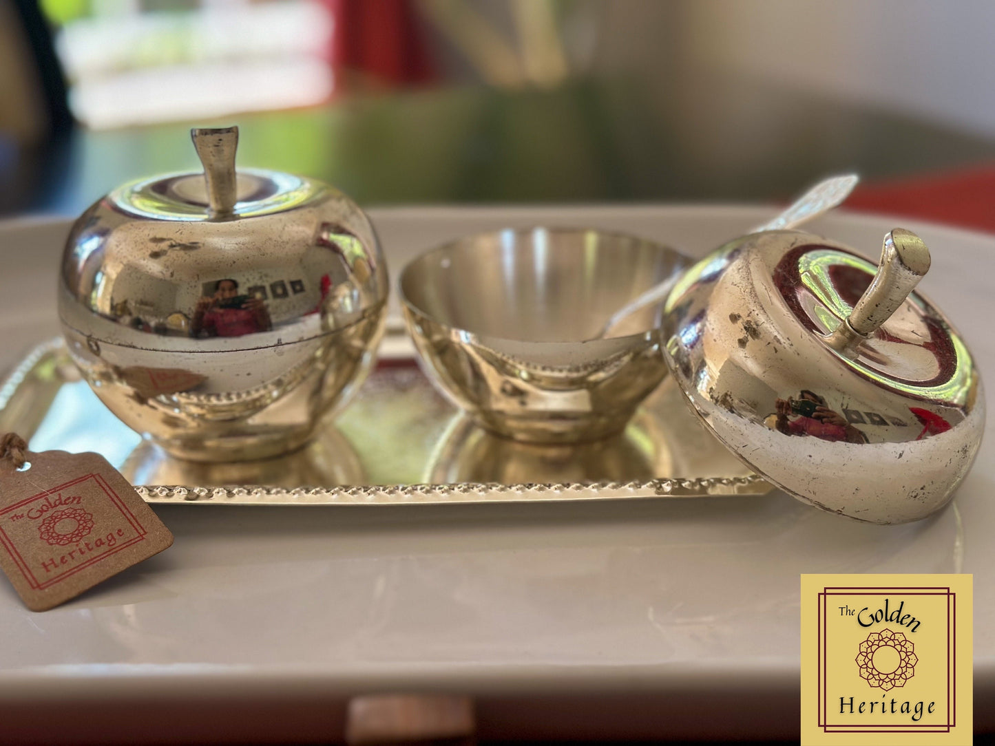 German Sliver Apple bowls set of 2 with tray & spoons - The Golden Heritage #