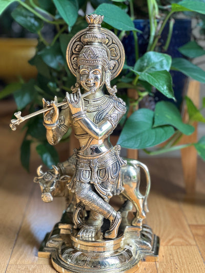 Brass Large size Krishna with Cow Statue - The Golden Heritage #